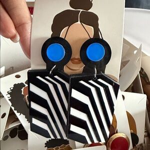 Black and White Geometric Earrings with Blue Accents